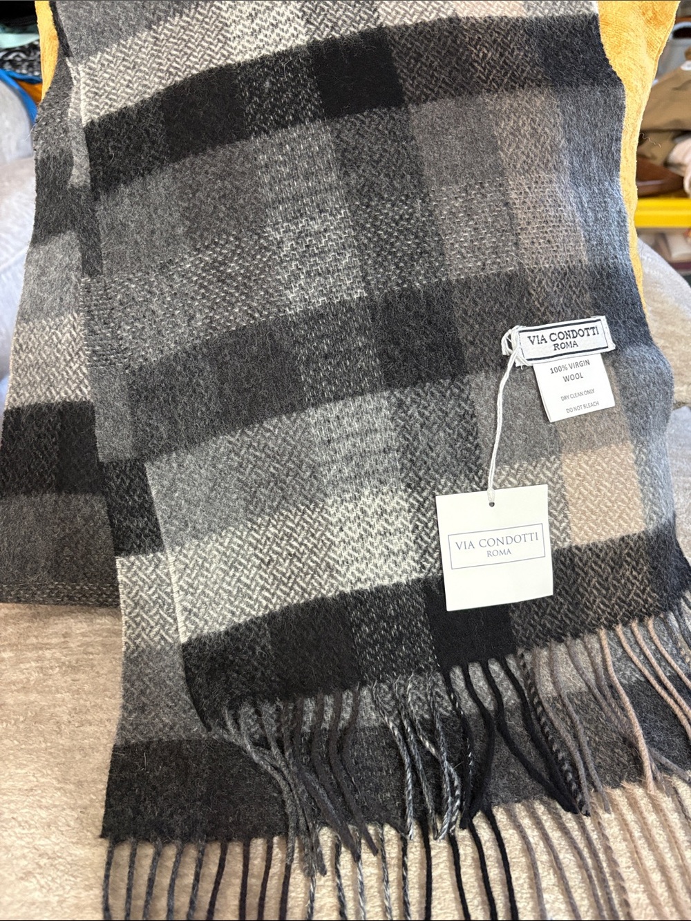 Via Condotti Black and Gray Plaid 100% Wool Scarf